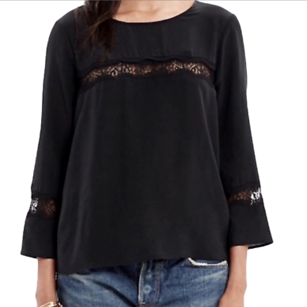 MADEWELL Silk Black Blouse Top Lace Details 3/4 Sleeves Crew Neck Small